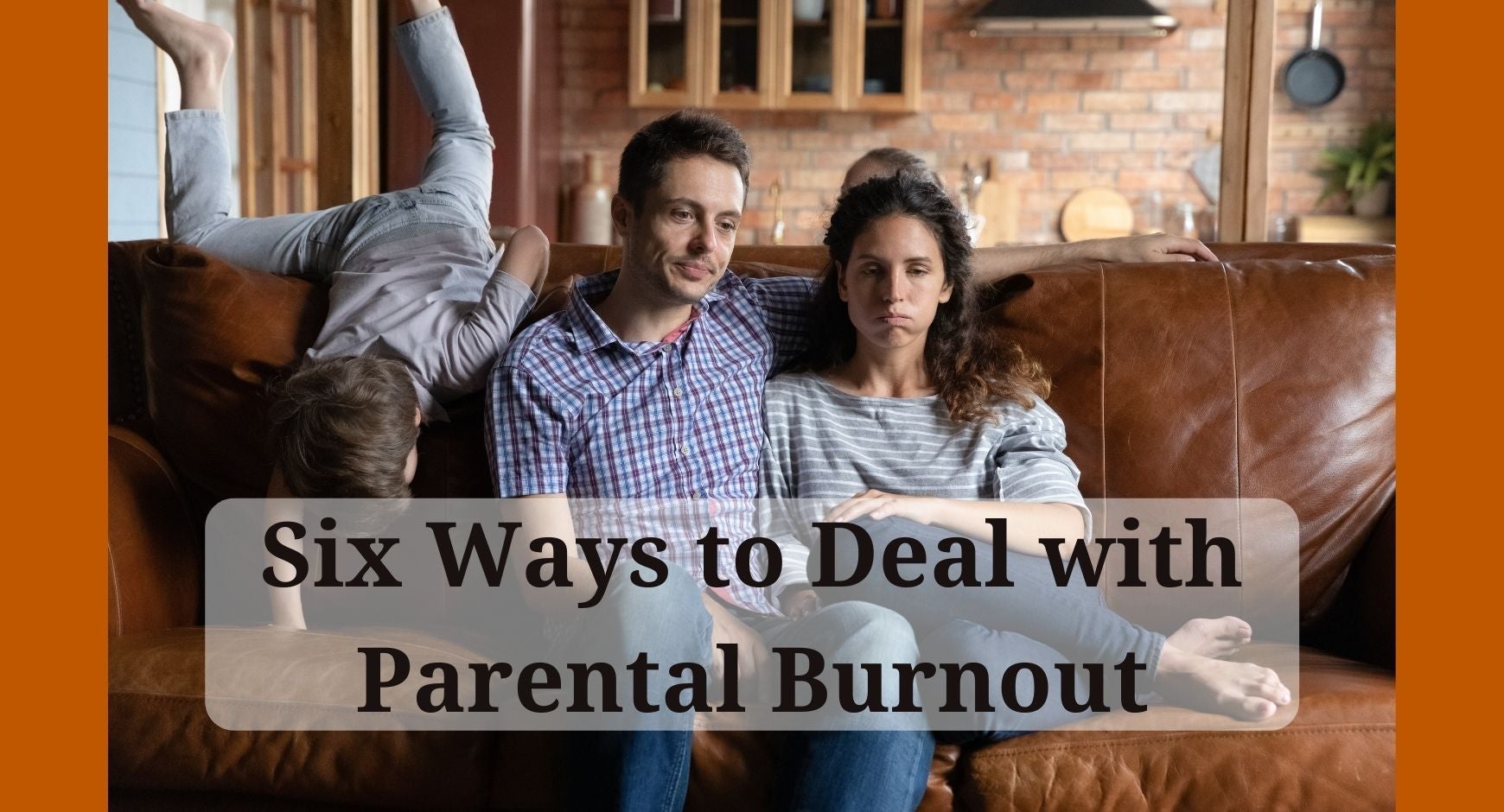 A mother and father on a couch looking frustrating with their child hanging off the back of the couch.