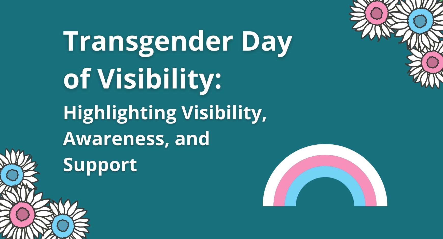 A title card with daisies in the corners with blue or pink centers and white petals, a rainbow with white, pink, and blue stripes, ad words that read "Transgender Day of Visibility: Highlighting Visibility, Awareness, and Support"