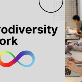 A picture of people working on laptops next to words that read "Neurodiversity at Work" and a rainbow infinity sign.