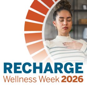 image that reads "Recharge Wellness Week 2026" with woman taking a deep breath