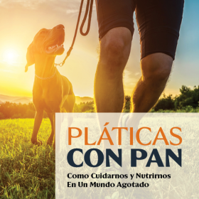 image of a dog and person at sunset with text reading: "Como Cuidarnos y nutrirnos en un mundo agotado"