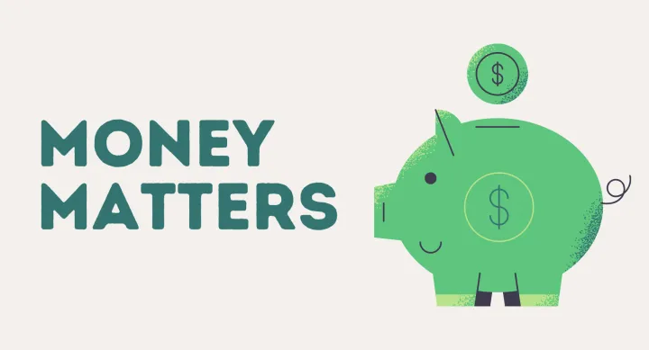 Green piggy bank with green coin above and green text that says "money matters"