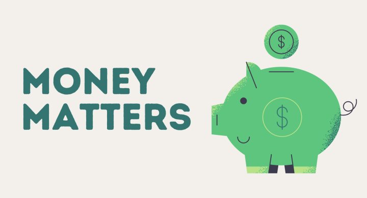 Green piggy bank with green coin above and green text that says "money matters"