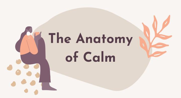 A woman sitting holding a mug and wearing a face mask next to words that read "The Anatomy of Calm"